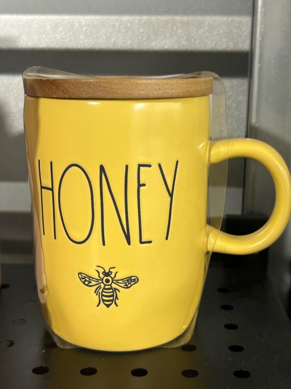 Rae Dunn Yellow 'HONEY' Ceramic Mug with Bee Graphic and Wood Lid